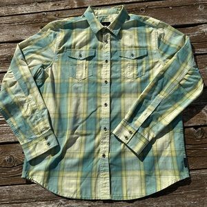 Prana Mens Casual Button Up Large Organic Cotton Green Yellow Plaid New Flawless